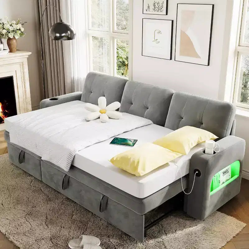 Acekool 84 Inch Sleeper Sofa Couch L-Shaped Pull Out Bed with Storage and Modern Sectional for Living Room