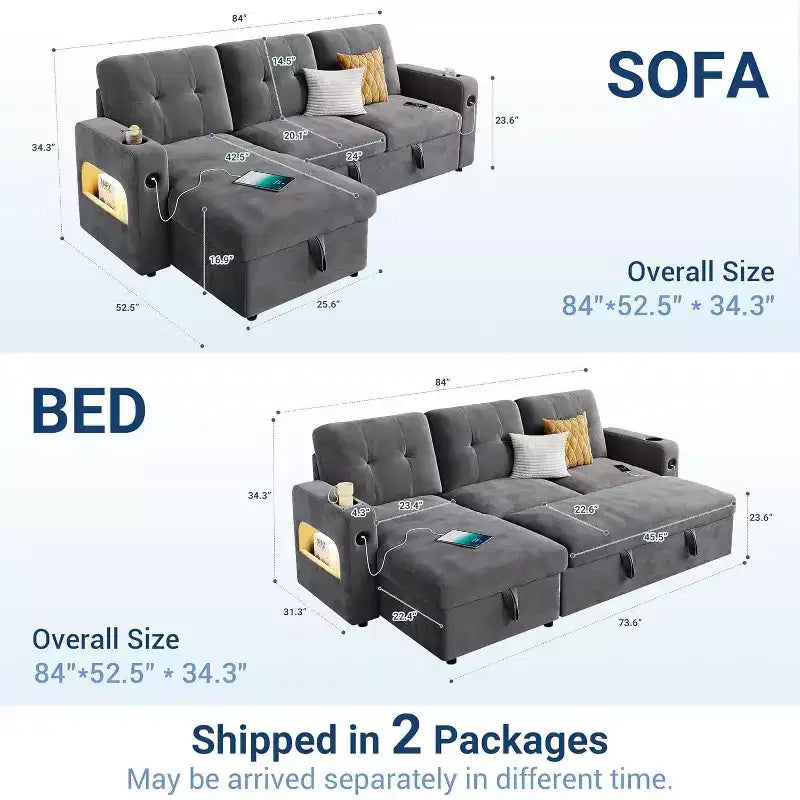 Acekool 84 Inch Sleeper Sofa Couch L-Shaped Pull Out Bed with Storage and Modern Sectional for Living Room