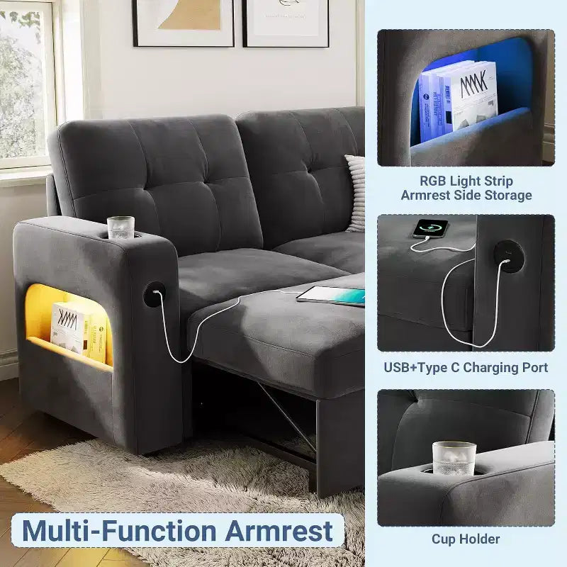 Acekool 84 Inch Sleeper Sofa Couch L-Shaped Pull Out Bed with Storage and Modern Sectional for Living Room