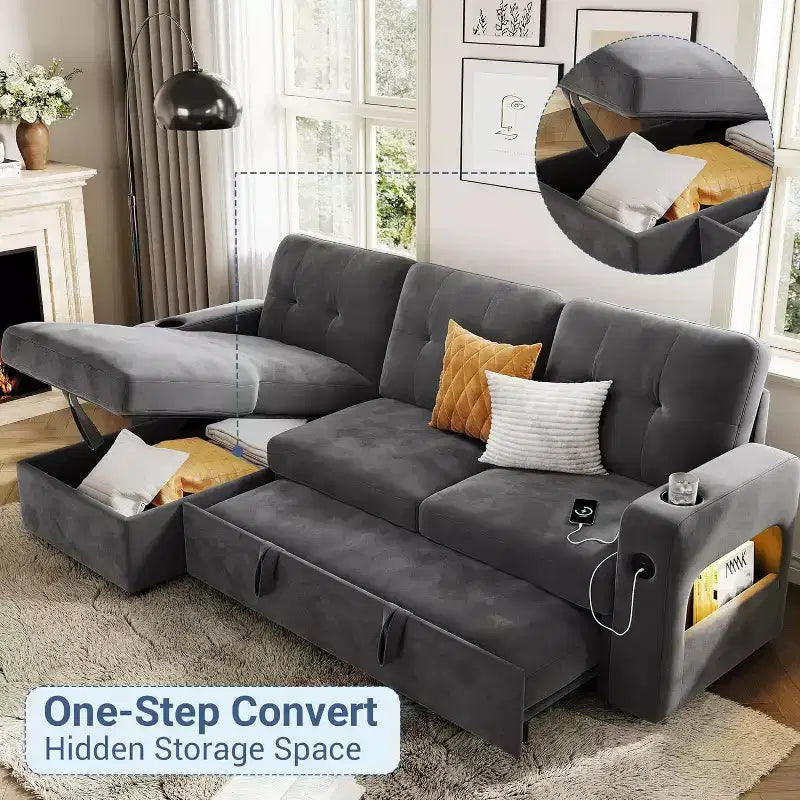 Acekool 84 Inch Sleeper Sofa Couch L-Shaped Pull Out Bed with Storage and Modern Sectional for Living Room