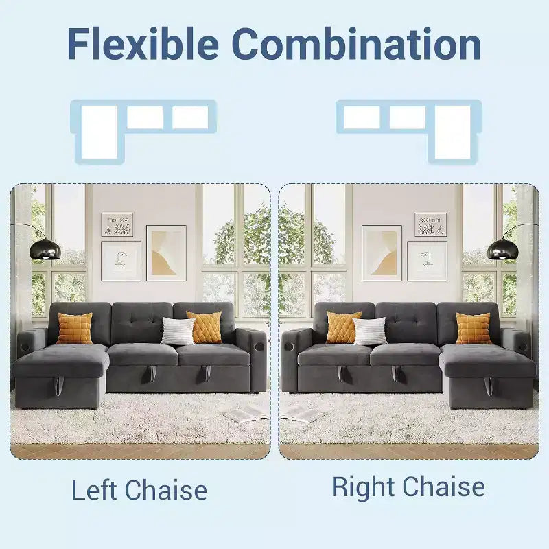 Acekool 84 Inch Sleeper Sofa Couch L-Shaped Pull Out Bed with Storage and Modern Sectional for Living Room