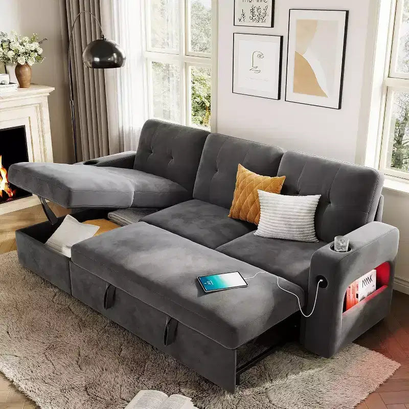 Acekool 84 Inch Sleeper Sofa Couch L-Shaped Pull Out Bed with Storage and Modern Sectional for Living Room