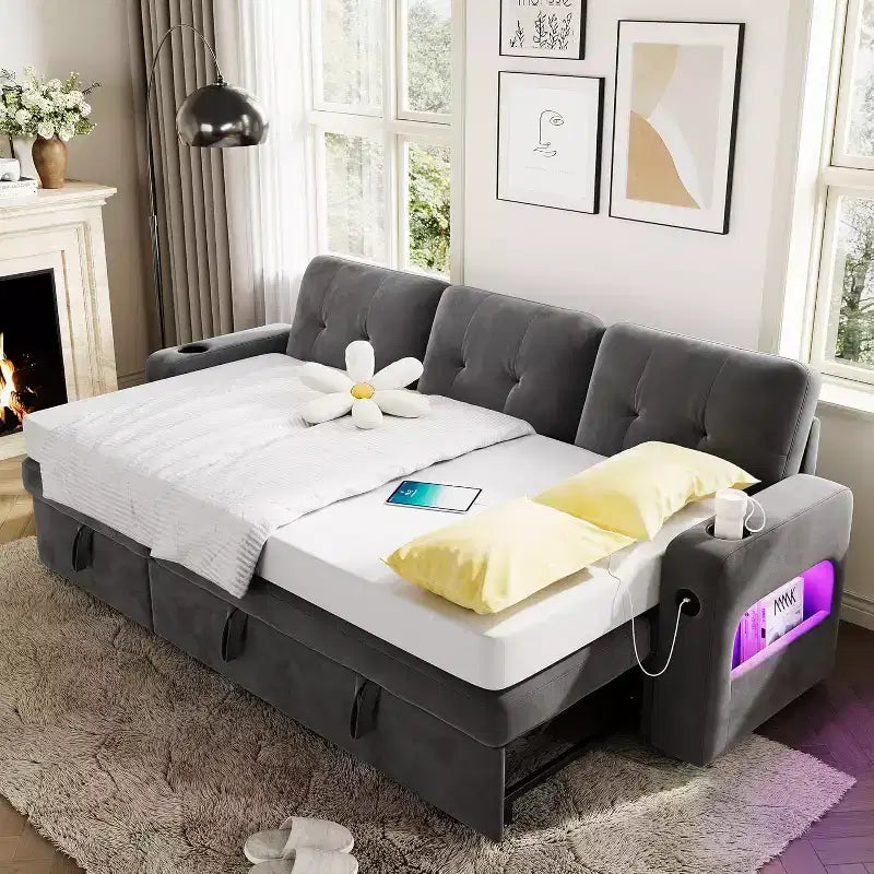 Acekool 84 Inch Sleeper Sofa Couch L-Shaped Pull Out Bed with Storage and Modern Sectional for Living Room