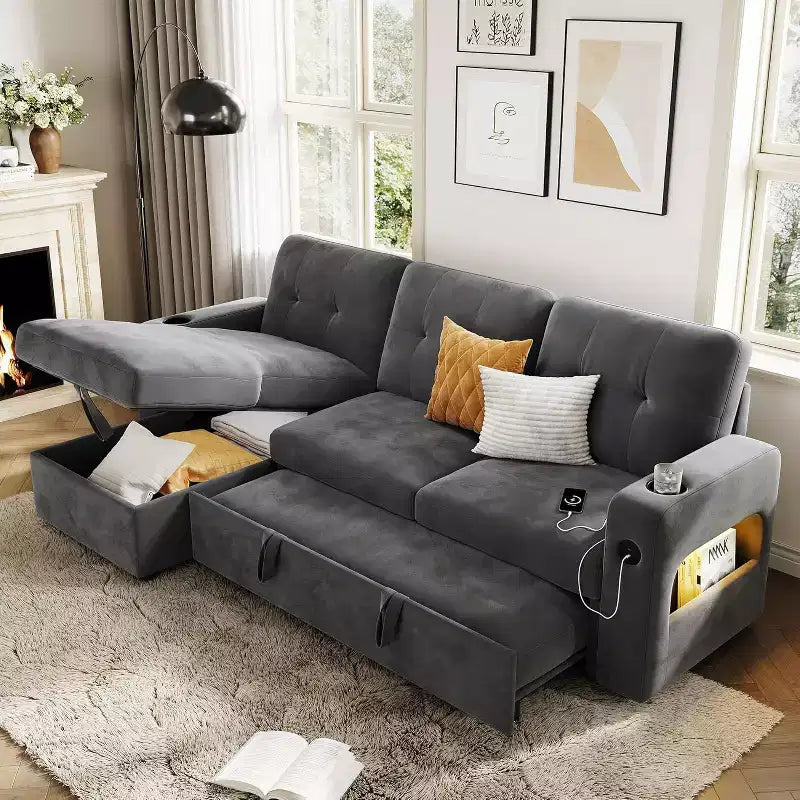 Acekool 84 Inch Sleeper Sofa Couch L-Shaped Pull Out Bed with Storage and Modern Sectional for Living Room