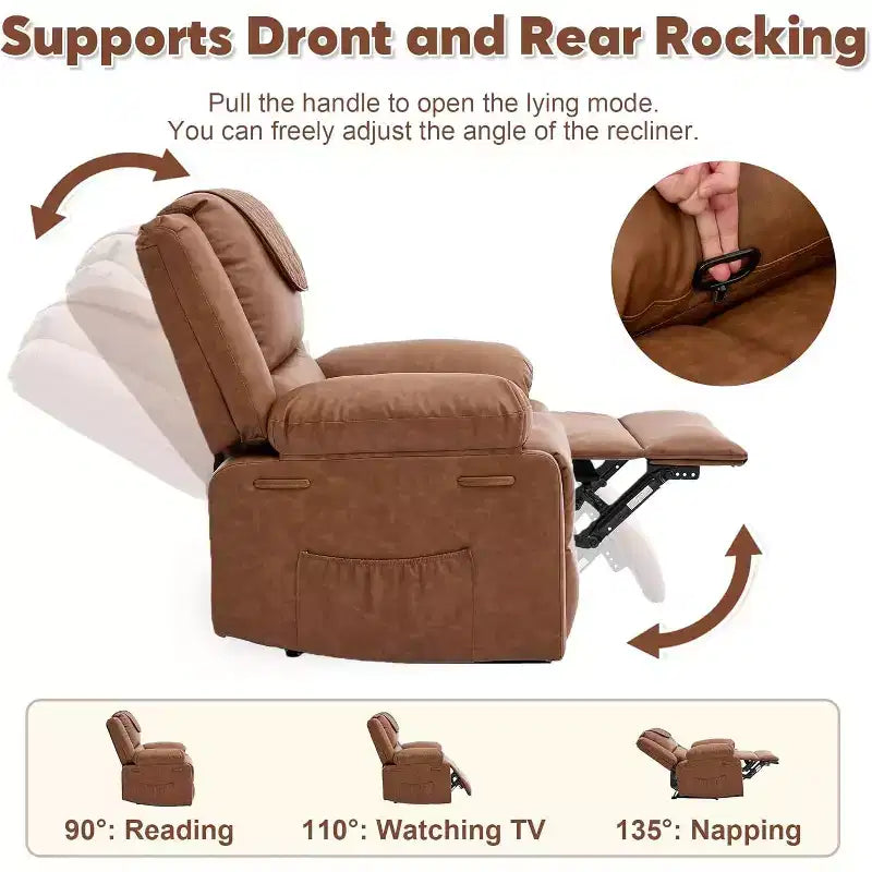 Acekool Manual Recliner Chair, Massage & Heat, 135 Adjustable, Side Pockets, for Living Room & Bedroom