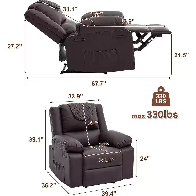 Acekool Manual Recliner Chair, Massage & Heat, 135 Adjustable, Side Pockets, for Living Room & Bedroom