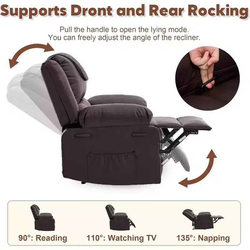 Acekool Manual Recliner Chair, Massage & Heat, 135 Adjustable, Side Pockets, for Living Room & Bedroom