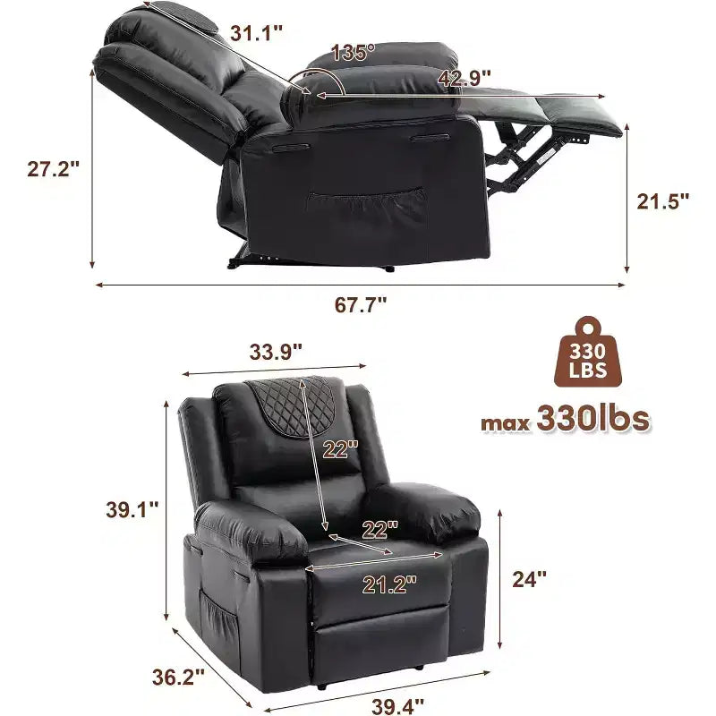 Acekool Manual Recliner Chair, Massage & Heat, 135 Adjustable, Side Pockets, for Living Room & Bedroom