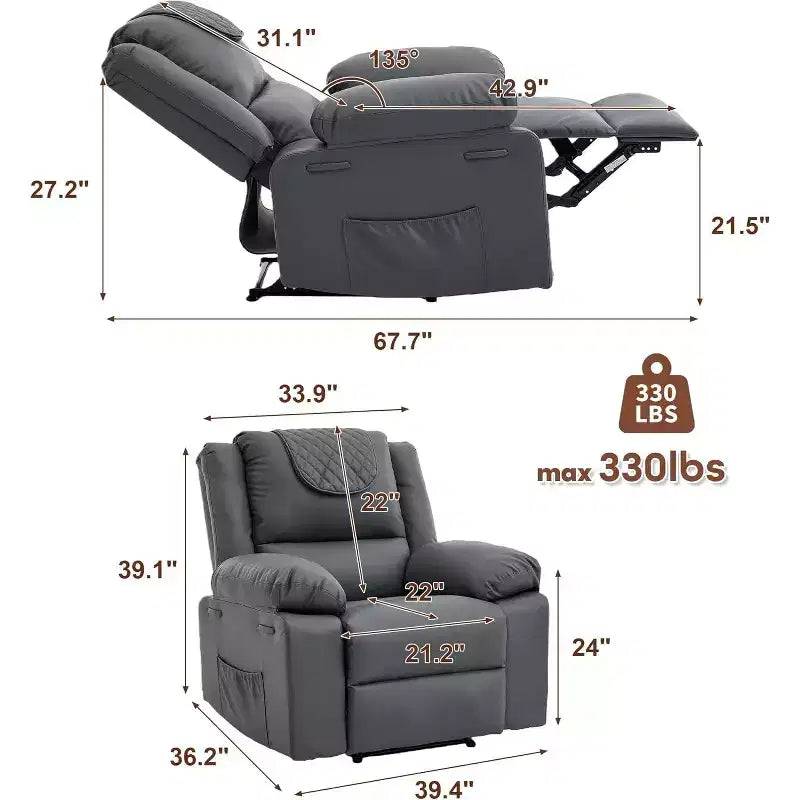Acekool Manual Recliner Chair, Massage & Heat, 135 Adjustable, Side Pockets, for Living Room & Bedroom