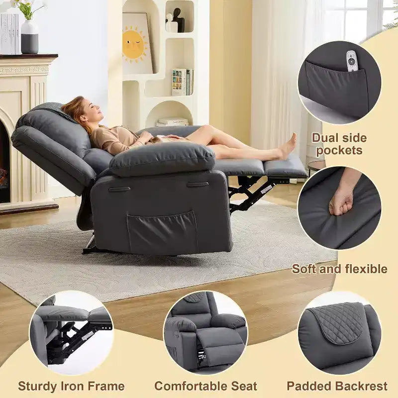 Acekool Manual Recliner Chair, Massage & Heat, 135 Adjustable, Side Pockets, for Living Room & Bedroom