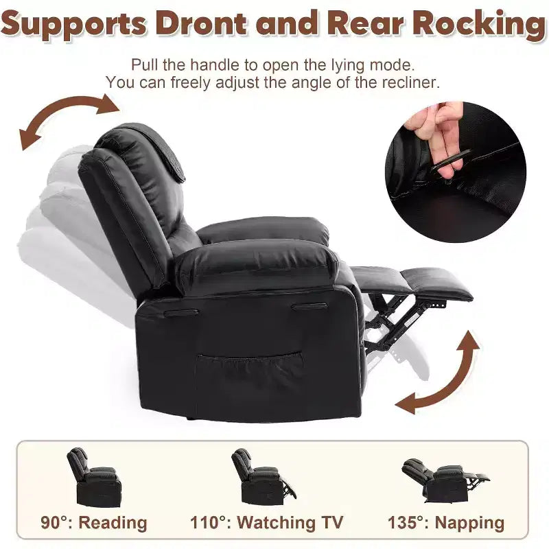 Acekool Manual Recliner Chair, Massage & Heat, 135 Adjustable, Side Pockets, for Living Room & Bedroom