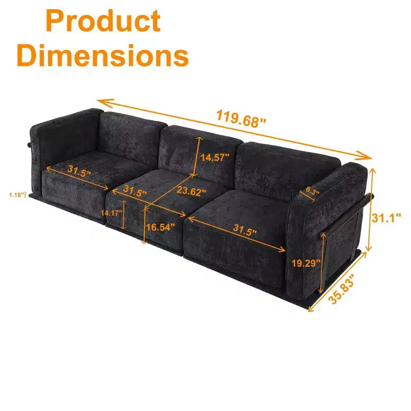 Oversized 3-Seater Straight Modular Sectional Sofa with Wood & Metal Frame, Modern Velvet Cloud Couch for Living Room or Apartment- Panipeachy