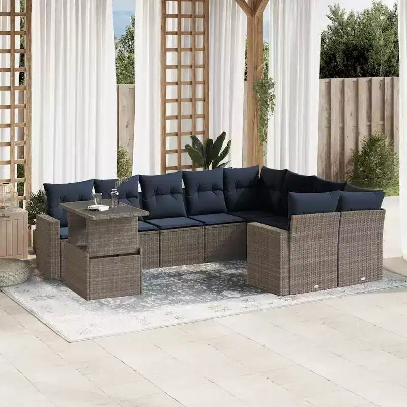 vidaXL Juego de sofás para patio con cojines y mesa, exterior, 10 piezas, ratán sintético