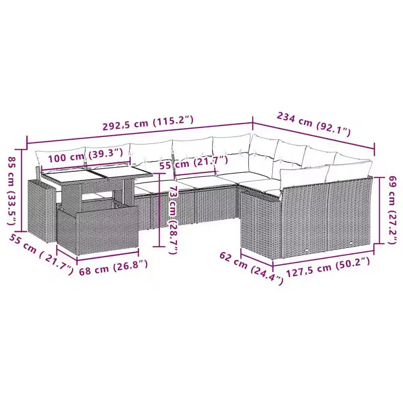 vidaXL Juego de sofás para patio con cojines y mesa, exterior, 10 piezas, ratán sintético