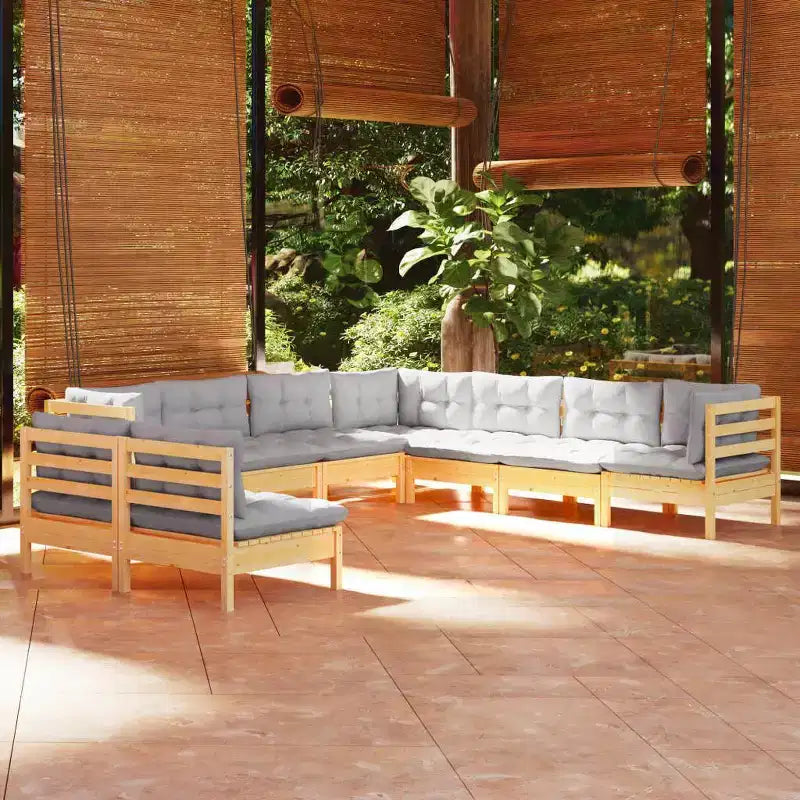 vidaXL Solid Pinewood Patio Lounge Set 9 Piece with Cushions Multi Colors - Brown and Gray