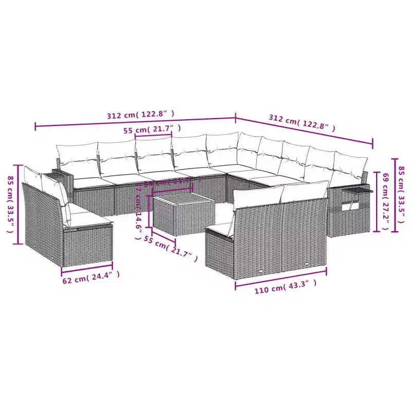 vidaXL 14 Piece Patio Sofa Set with Cushions Black Poly Rattan