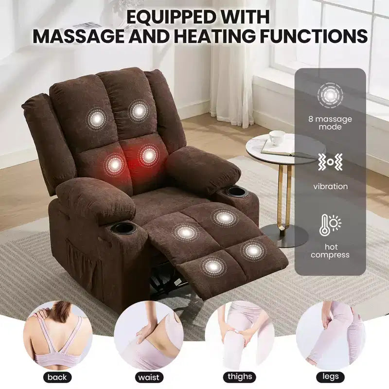 Manual Recliner Chair with Vibration Massage and Lumbar Heating for Adults,Single Sofa with Side Pocket,Rocking Chair with Cup Holder,for Bedroom