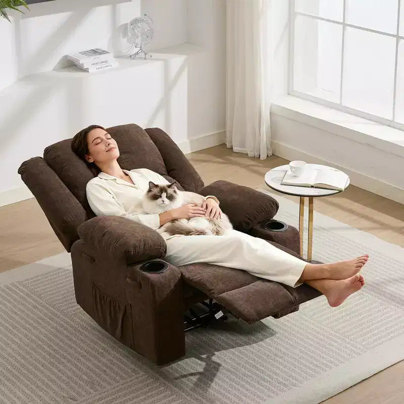 Manual Recliner Chair with Vibration Massage and Lumbar Heating for Adults,Single Sofa with Side Pocket,Rocking Chair with Cup Holder,for Bedroom
