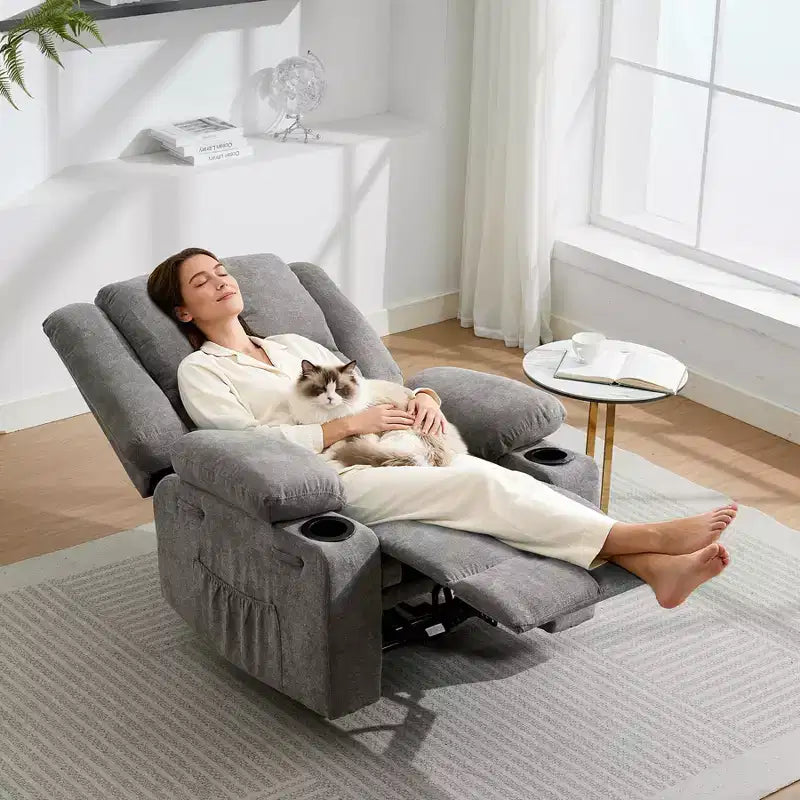 Manual Recliner Chair with Vibration Massage and Lumbar Heating for Adults,Single Sofa with Side Pocket,Rocking Chair with Cup Holder,for Bedroom