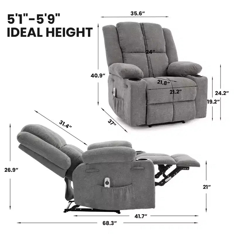 Manual Recliner Chair with Vibration Massage and Lumbar Heating for Adults,Single Sofa with Side Pocket,Rocking Chair with Cup Holder,for Bedroom