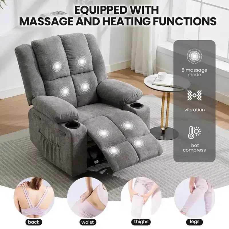 Manual Recliner Chair with Vibration Massage and Lumbar Heating for Adults,Single Sofa with Side Pocket,Rocking Chair with Cup Holder,for Bedroom