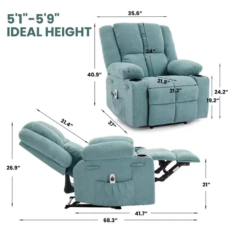 Manual Recliner Chair with Vibration Massage and Lumbar Heating for Adults,Single Sofa with Side Pocket,Rocking Chair with Cup Holder,for Bedroom