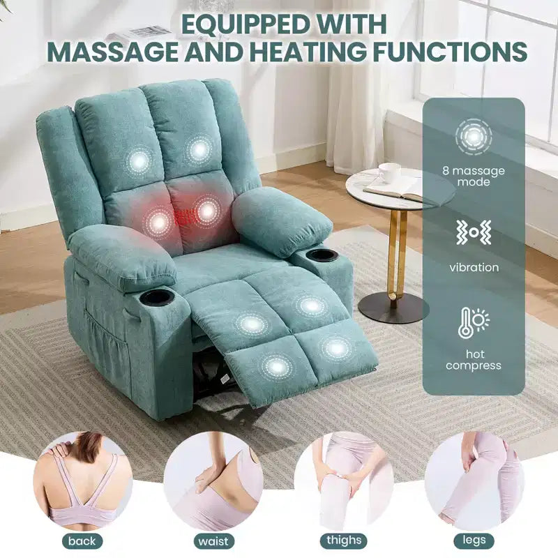 Manual Recliner Chair with Vibration Massage and Lumbar Heating for Adults,Single Sofa with Side Pocket,Rocking Chair with Cup Holder,for Bedroom