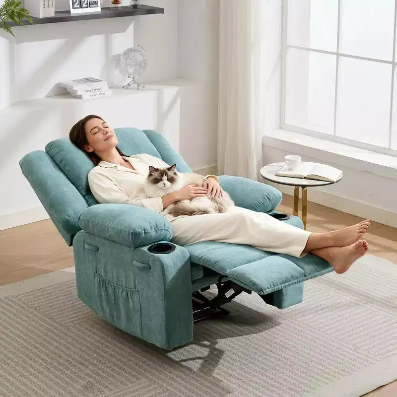 Manual Recliner Chair with Vibration Massage and Lumbar Heating for Adults,Single Sofa with Side Pocket,Rocking Chair with Cup Holder,for Bedroom