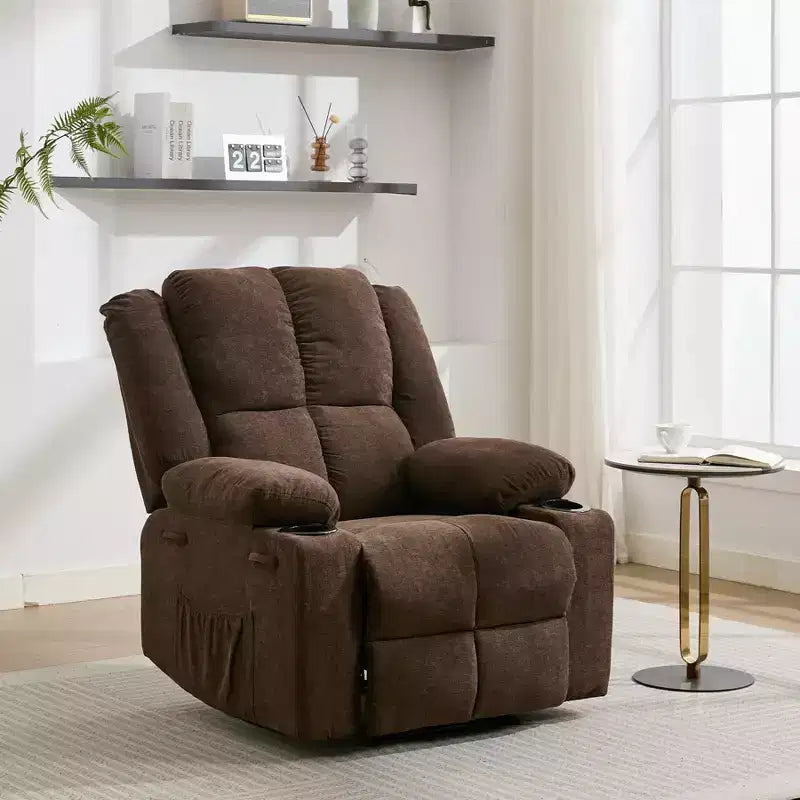 Sillón reclinable manual con masaje vibratorio y calefacción lumbar para adultos, sofá individual con bolsillo lateral, mecedora con portavasos, para dormitorio