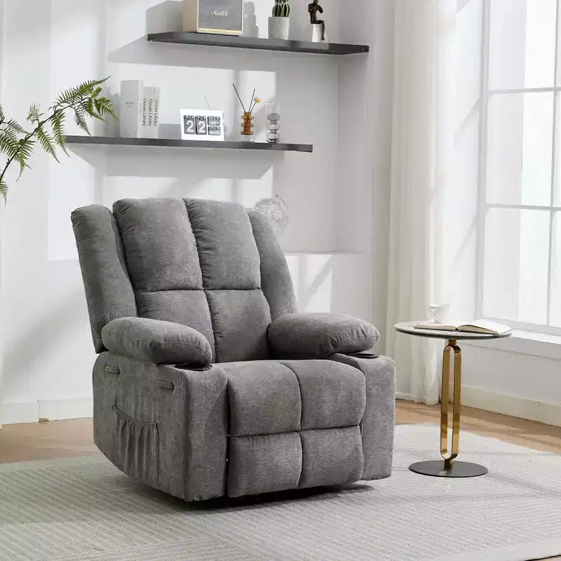 Sillón reclinable manual con masaje vibratorio y calefacción lumbar para adultos, sofá individual con bolsillo lateral, mecedora con portavasos, para dormitorio