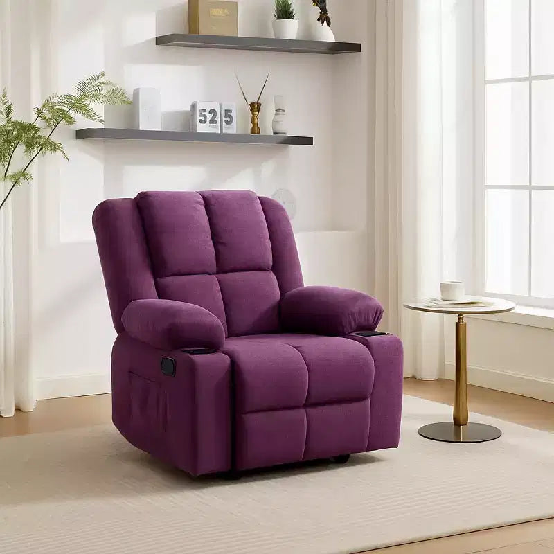 Sillón reclinable manual con masaje vibratorio y calefacción lumbar para adultos, sofá individual con bolsillo lateral, mecedora con portavasos, para dormitorio