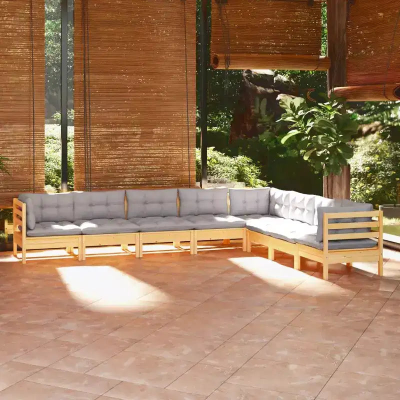 vidaXL 8 Piece Patio Lounge Set with Gray Cushions Solid Pinewood - Brown and Gray