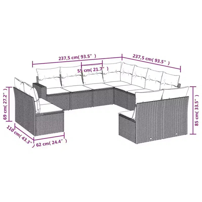 vidaXL Garden Sofa Set Black PE rattan 11 Piece Set Modular