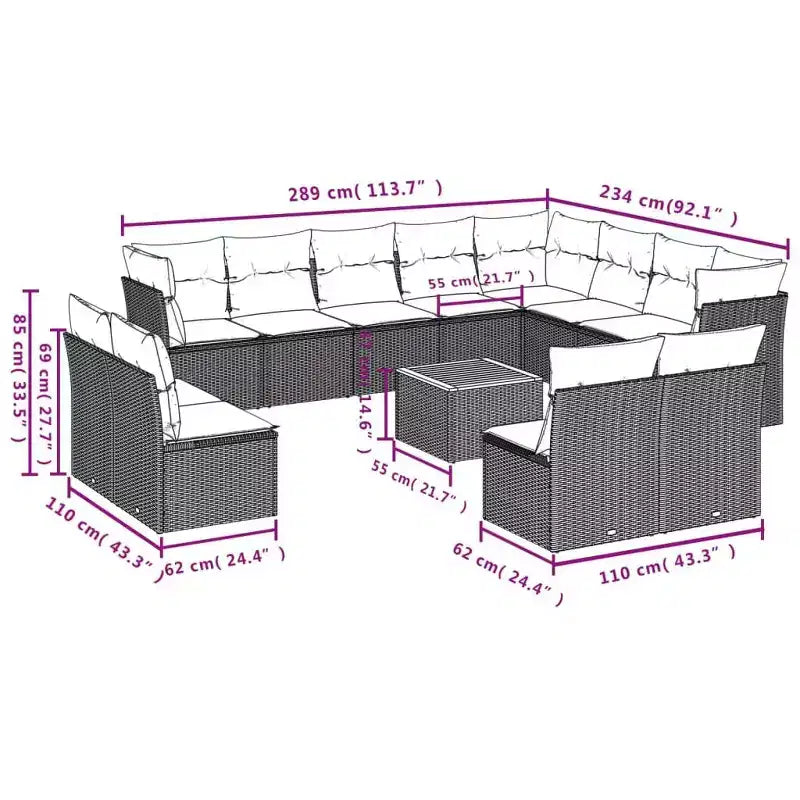 vidaXL 13 Piece Patio Sofa Set with Cushions Black Poly Rattan