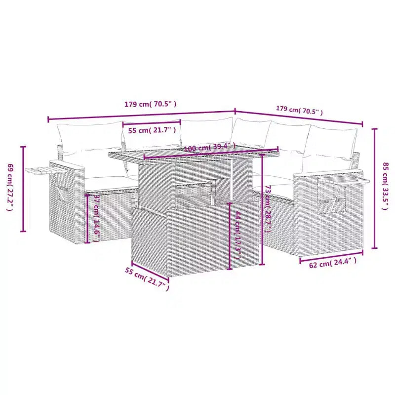 vidaXL 6 Piece Patio Sofa Set with Cushions Gray Poly Rattan