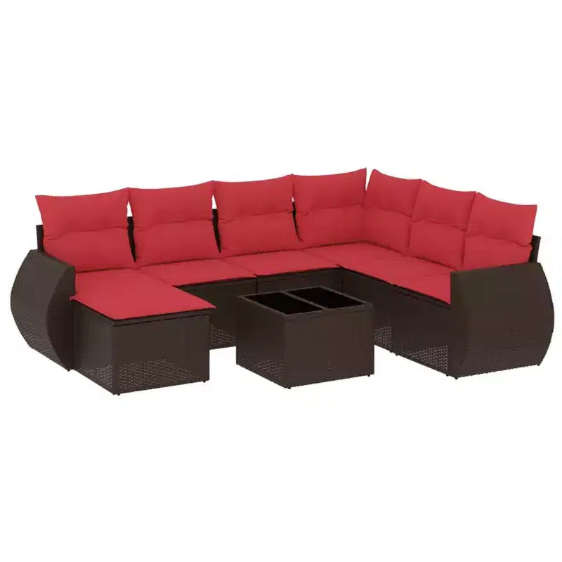 vidaXL 8 Piece Garden Sofa Set with Cushions Brown Poly Rattan - Brown and Red With Table