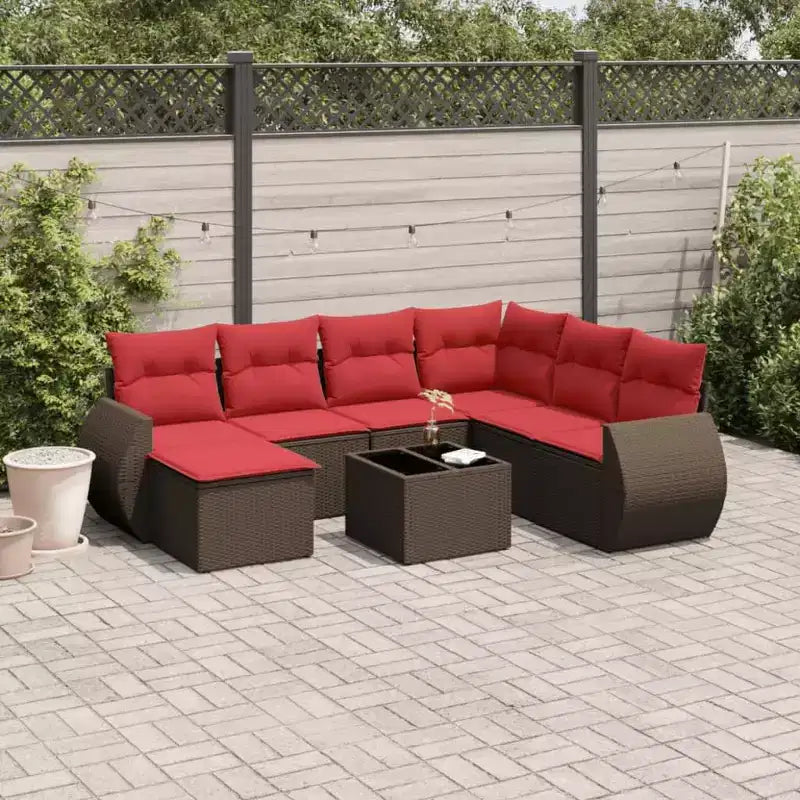 vidaXL 8 Piece Garden Sofa Set with Cushions Brown Poly Rattan - Brown and Red With Table