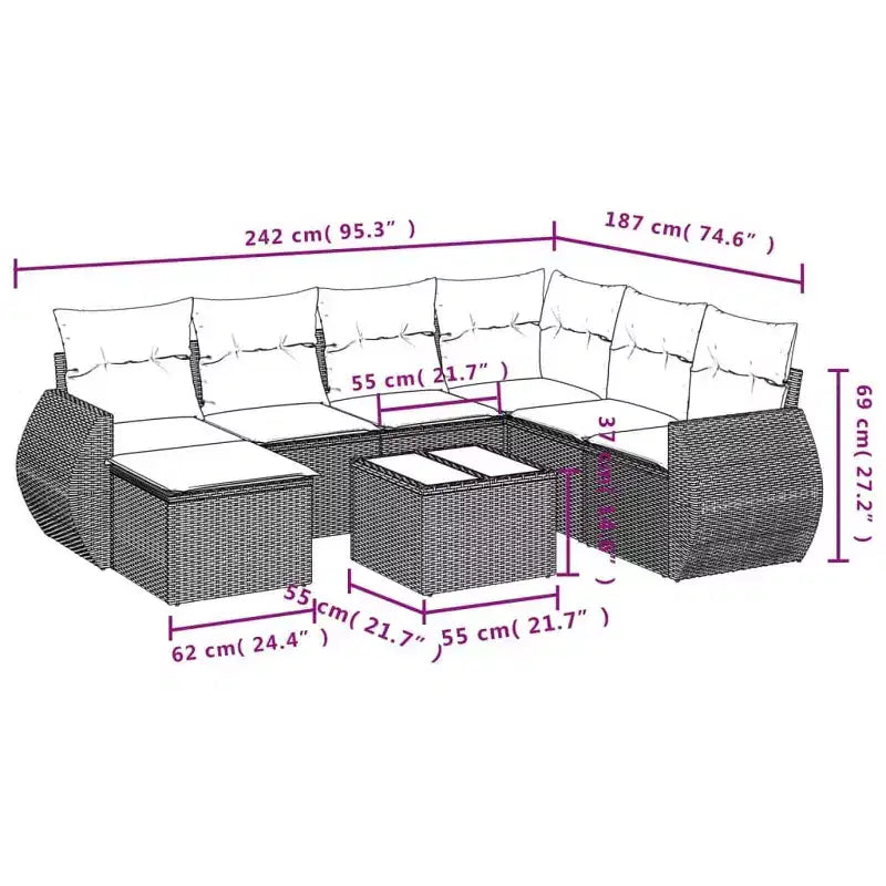 vidaXL 8 Piece Garden Sofa Set with Cushions Brown Poly Rattan - Brown and Red With Table