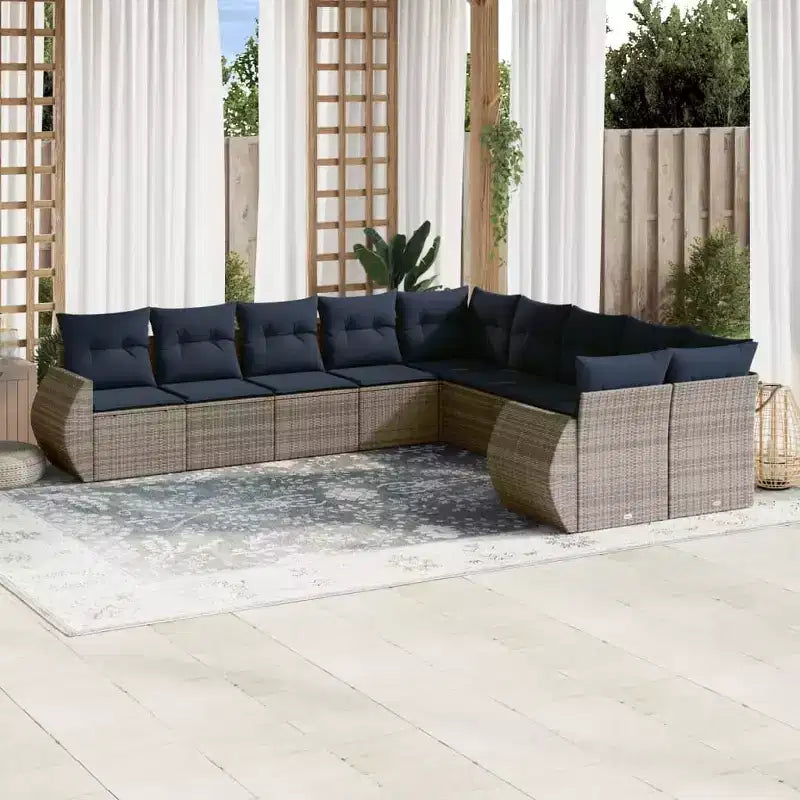 vidaXL Conjunto de sofás de patio ratán PE negro, acero con recubrimiento en polvo Modular - Gris y azul Sin mesa