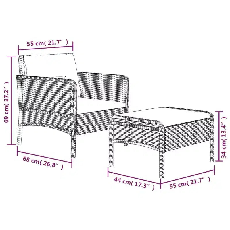 vidaXL Patio Furniture Set 2 Piece Outdoor Chair with Cushions Poly Rattan