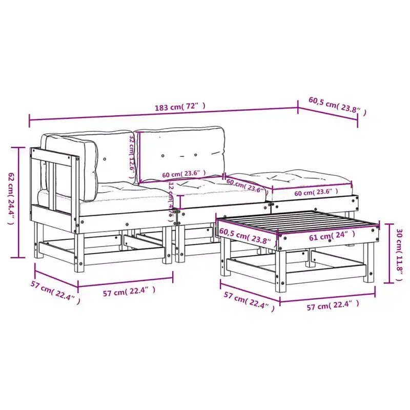 vidaXL Patio Furniture Set with Cushions Outdoor Lounge Set 4 Piece Solid Wood