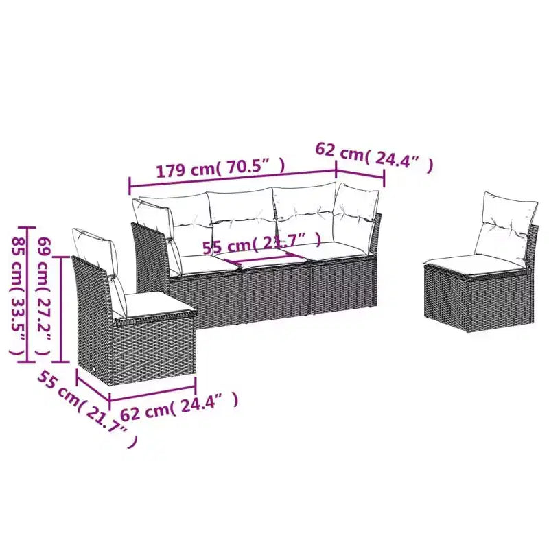 vidaXL 5 Piece Patio Sofa Set with Cushions Black Poly Rattan
