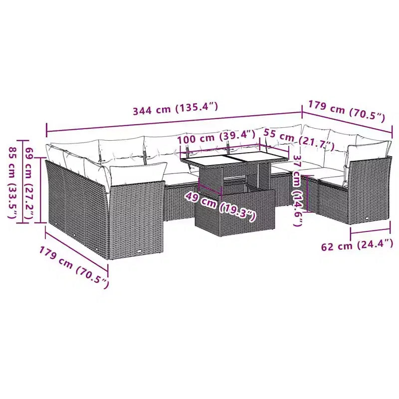 vidaXL 11 Piece Patio Sofa Set with Cushions, Poly Rattan Outdoor Sectional, Modular, Multiple Colors