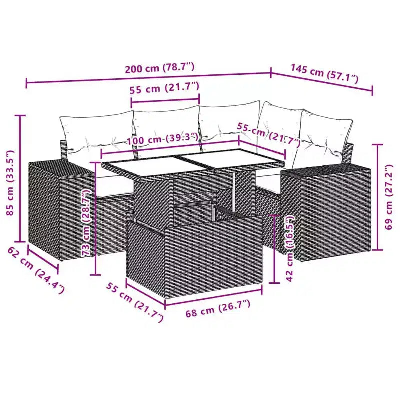vidaXL Patio Sofa Set with Cushions Table and Couches 5 Piece Poly Rattan