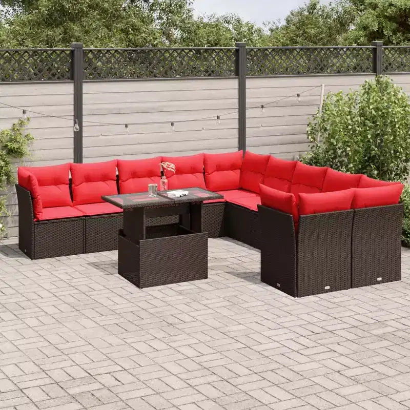 vidaXL Conjunto de sofás de patio con cojines y mesa, exterior de ratán sintético, 11 piezas