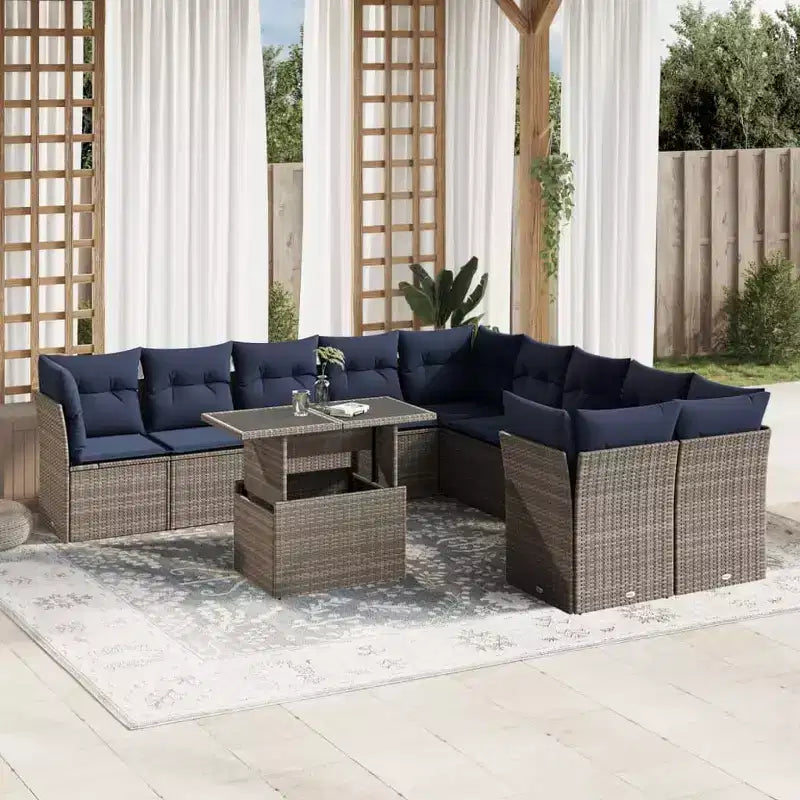 vidaXL Conjunto de sofás de patio con cojines y mesa, exterior de ratán sintético, 11 piezas