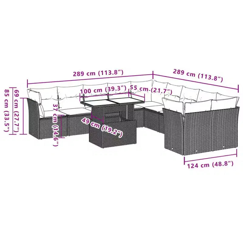 vidaXL Conjunto de sofás de patio con cojines y mesa, exterior de ratán sintético, 11 piezas