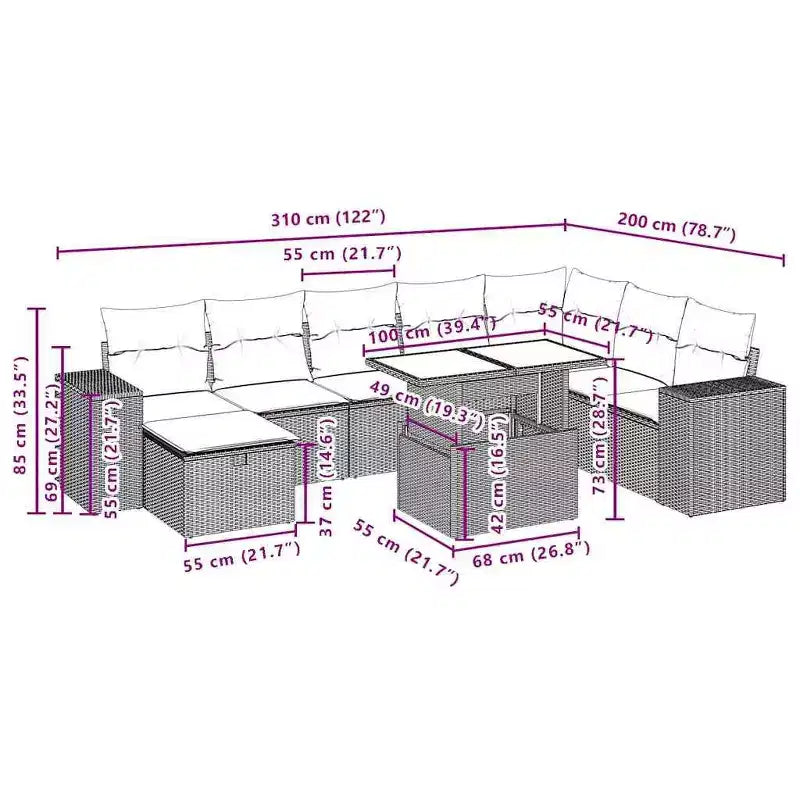 vidaXL Patio Sofa Set with Cushions Sectional Couches 9 Piece Poly Rattan