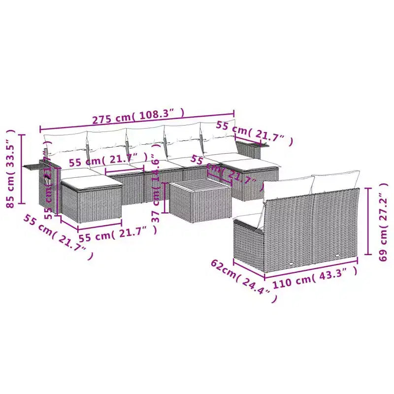 vidaXL 10 Piece Patio Sofa Set with Cushions Gray Poly Rattan