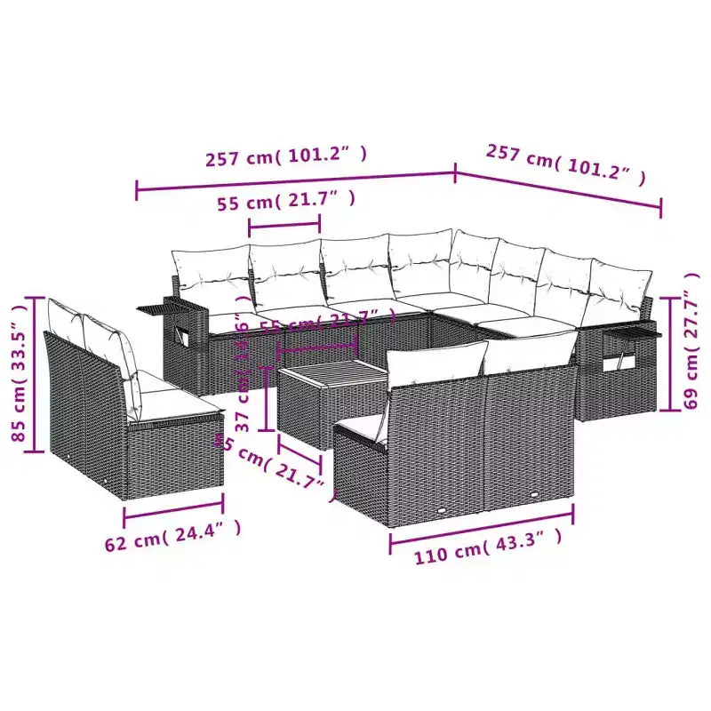 vidaXL 12 Piece Patio Sofa Set with Cushions Gray Poly Rattan